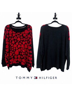 Tommy Hilfiger Sweater 3X Plus Navy Red Heart Crewneck Pullover Coquette Preppy